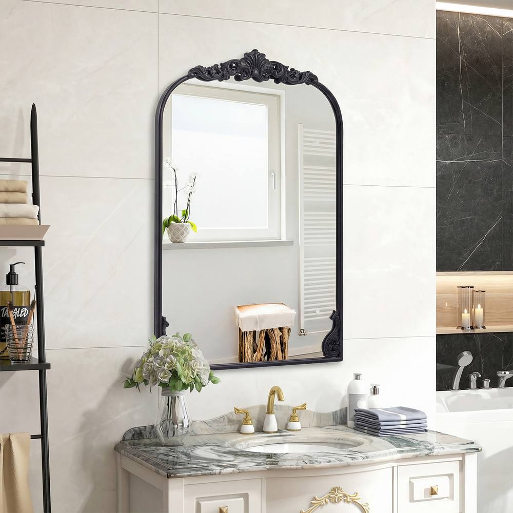 Costway Wall Mirror 90cm x 61cm Arched Mirror w/ Baroque Ornate Frame in Black