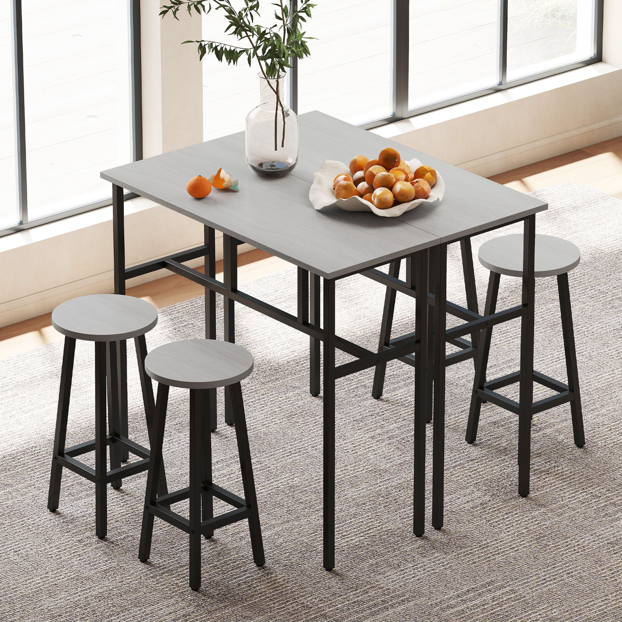 HOMCOM 6-Piece Bar Table Set, 2 Breakfast Tables with 4 Stools, Counter Height Dining Tables & Chairs for Kitchen, Living Room in Grey
