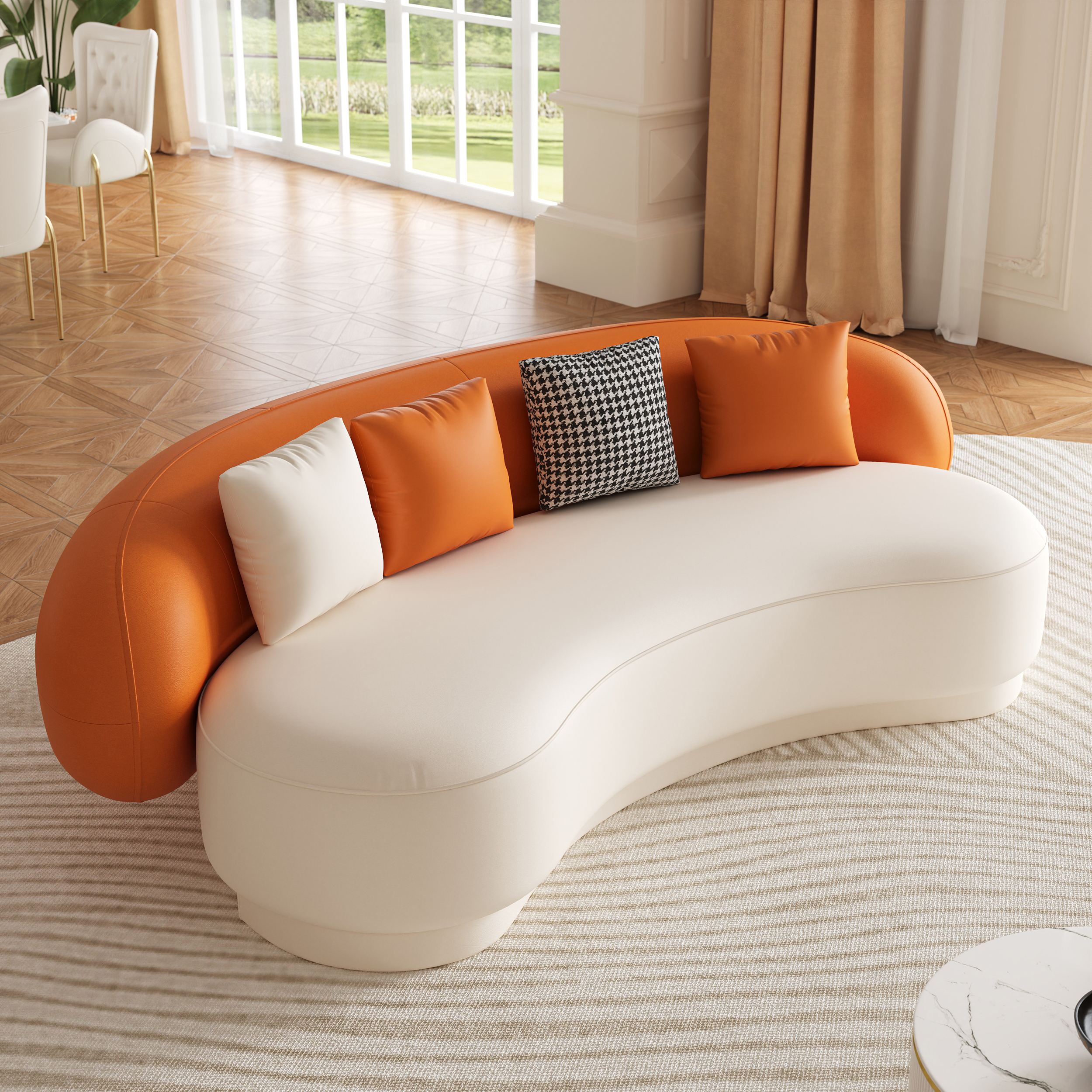 Modern Leather Upholstered Sofa 3-Seater Sofa 82.7" Orange&White Sofa