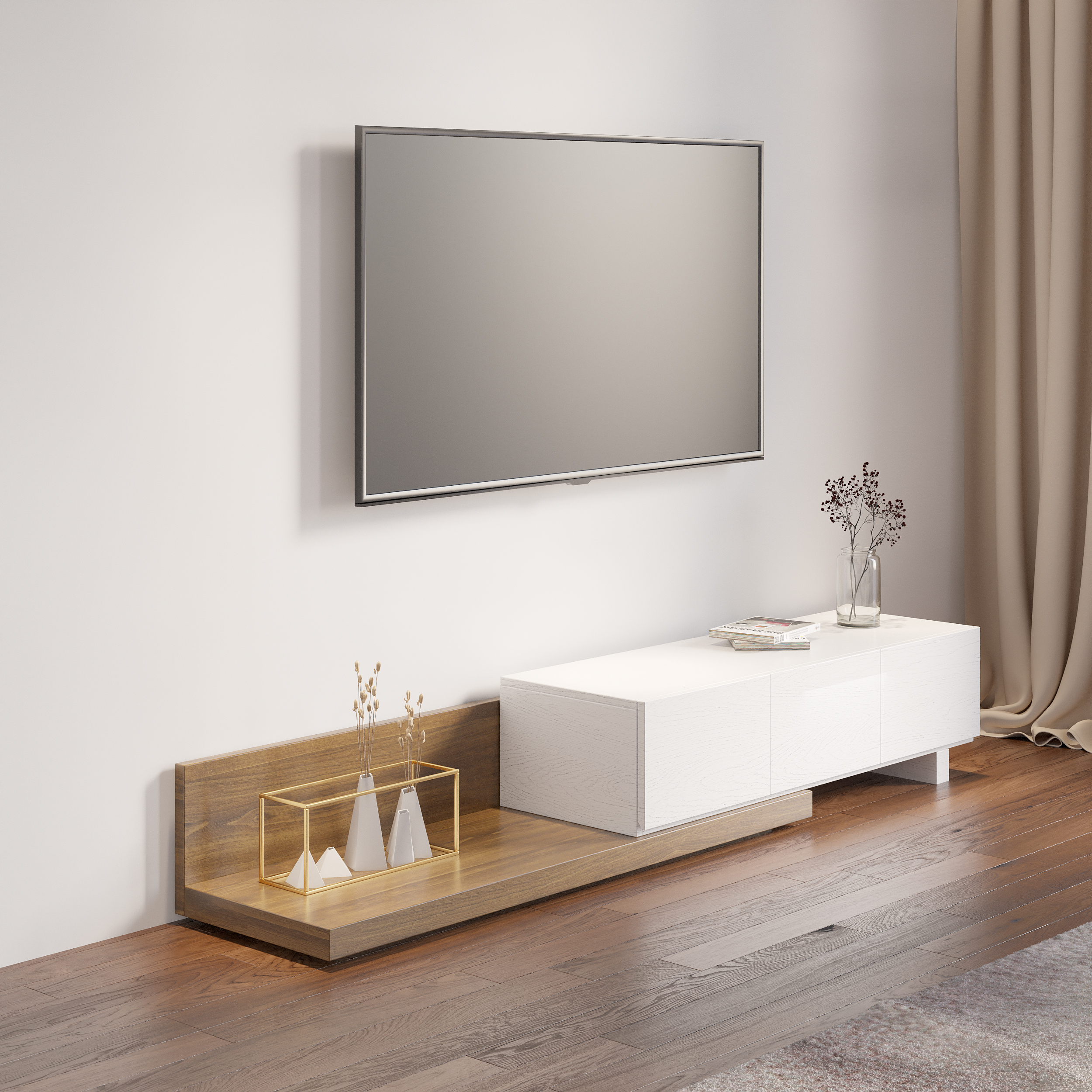 Rectangle Wood Extendable TV Stand White & Walnut Floor Media Console with 3 Drawers