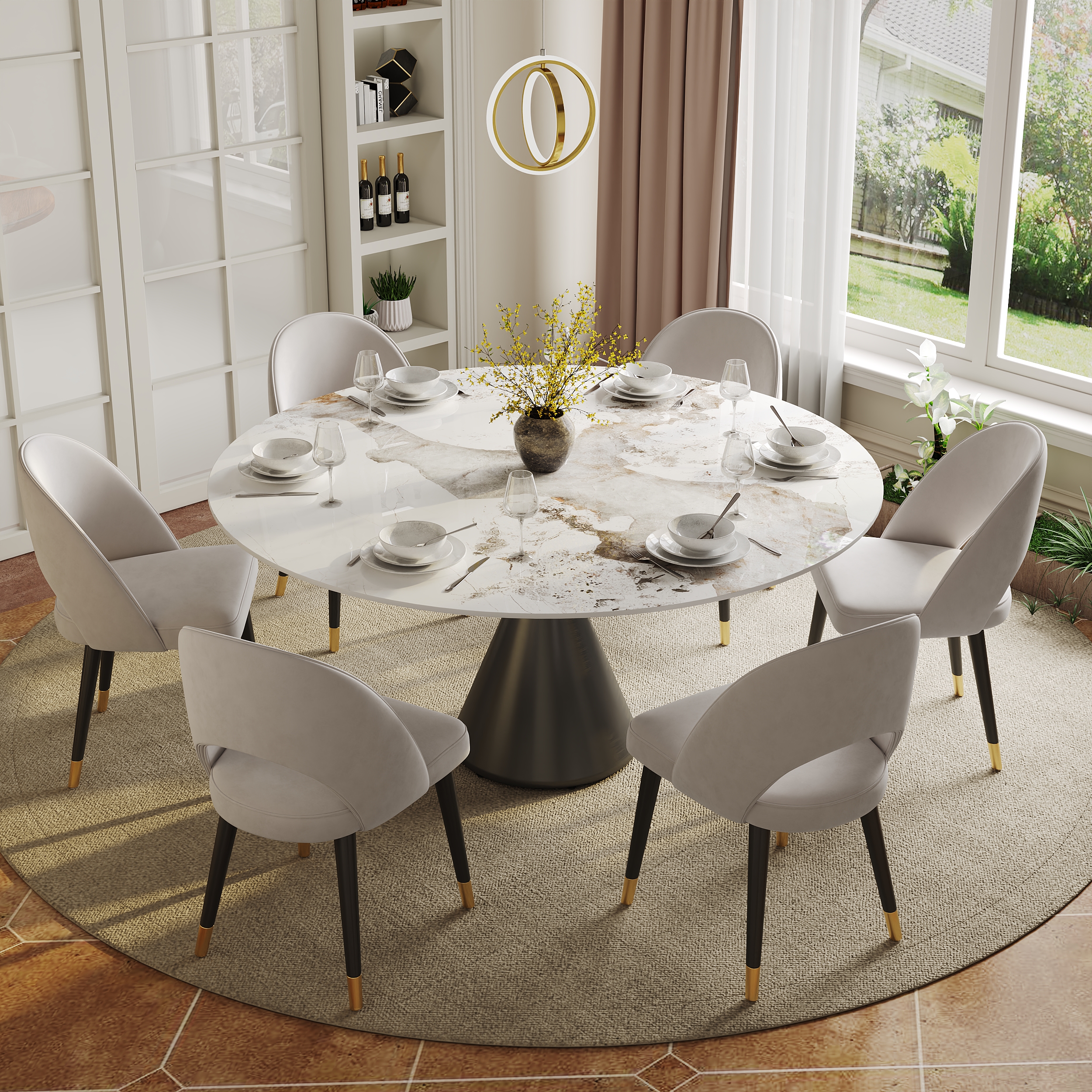 Modern 152 cm Round Glossy Sintered Stone Dining Table with Black Pedestal Base, Seats 6
