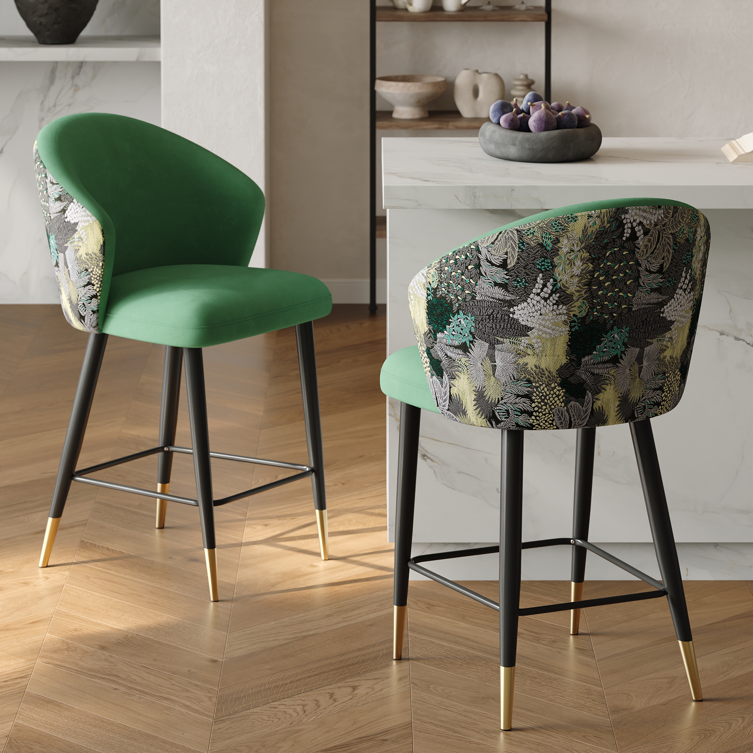 Modern Green Velvet Counter Stool with Upholstered, 2 Pieces