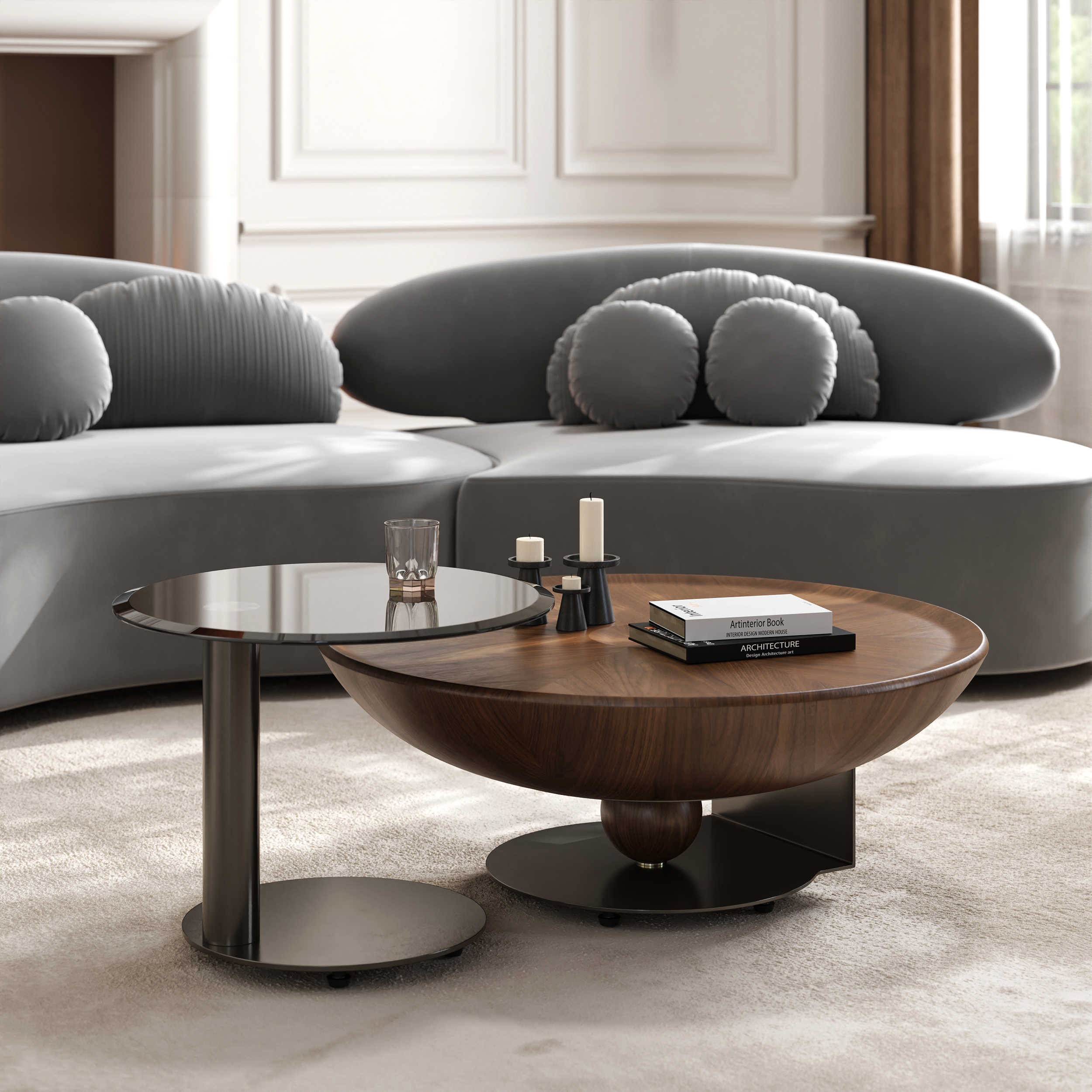 Modern Set Sf 2 Round Coffee Tables In Walnut Finish Made Of MDF And Metal.