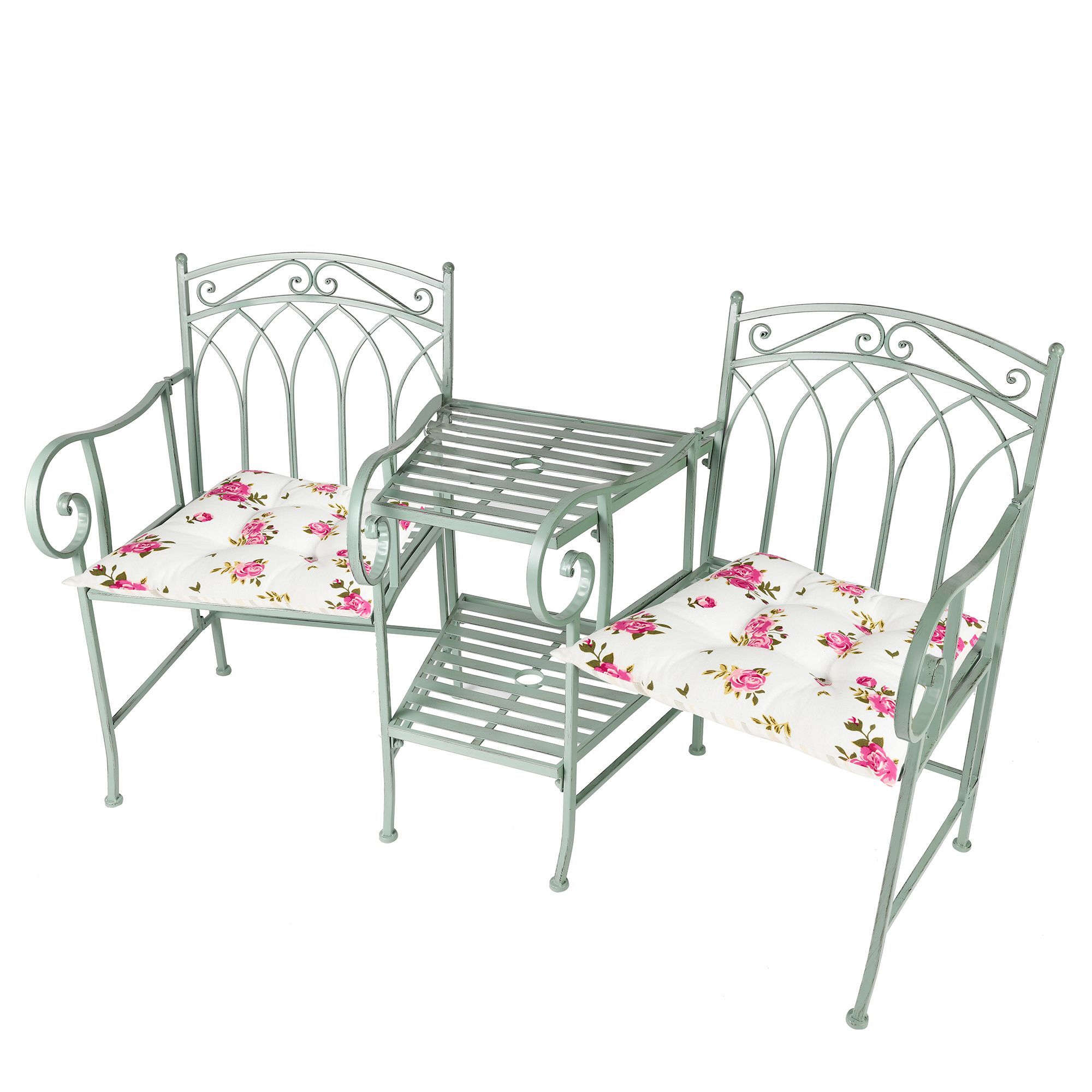 Dibor Vintage Green Arched Outdoor Garden Furniture Companion Seat Bench with Free Set of 2 Pink Seat Pad Cushions