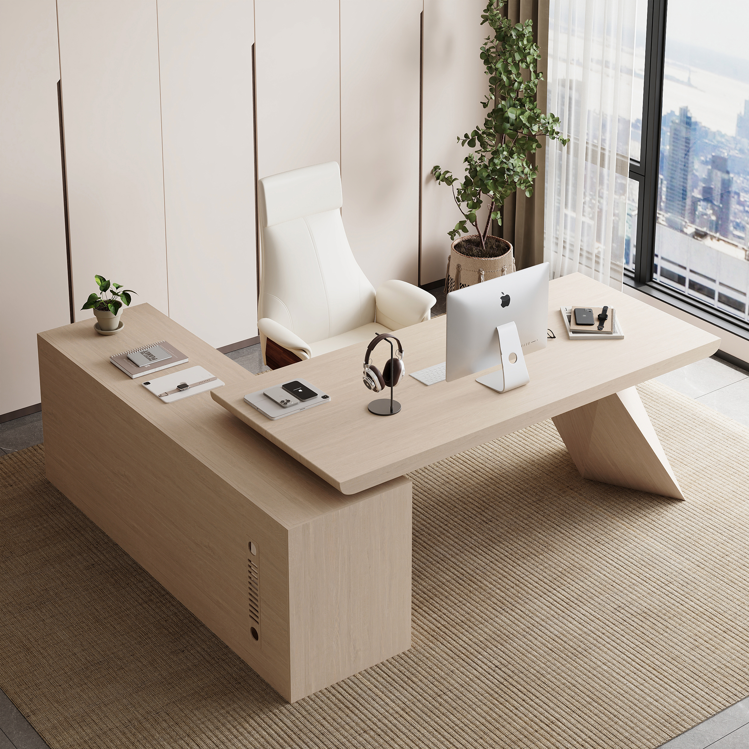 Modern 180 cm L-Shaped Whitewash Executive Desk with Storage, Right Hand