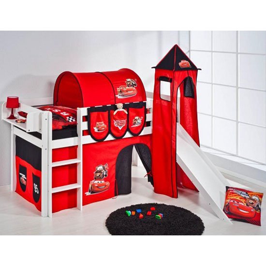 Jelle Cars Children Bed In White With Tower And Curtains