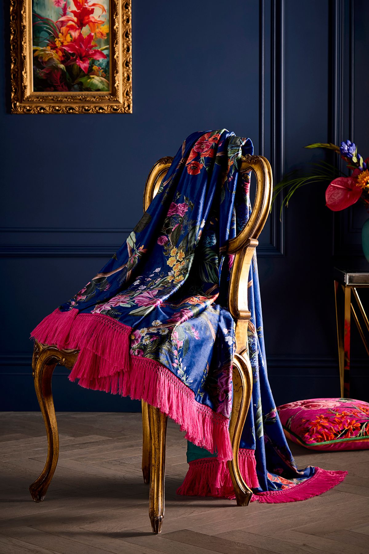 Laurence Llewelyn-Bowen 'Cotswold Fantasia' Soft Touch Floral Print Velvet Throw in Navy
