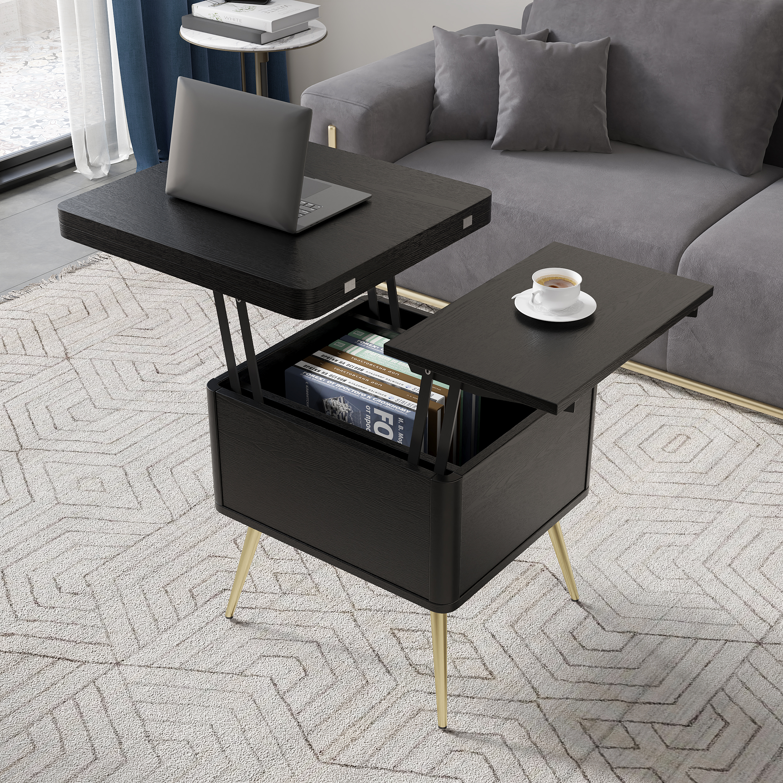 Modern Multi-functional Coffee Table Extendable with Storage & Lift Top in Black