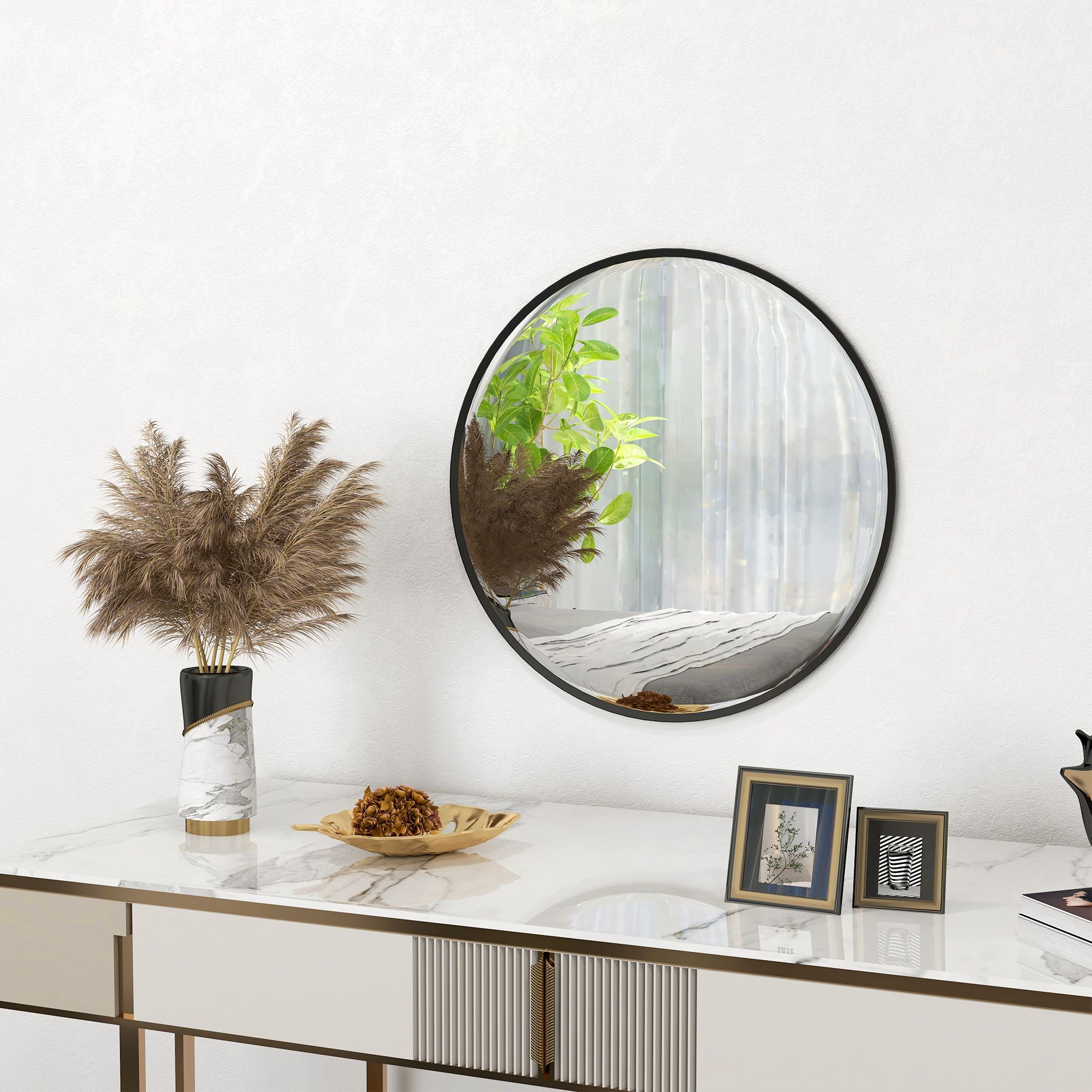 HOMCOM 61cm Bathroom Mirror Round Wall Mirror for Living Room Bedroom in Black
