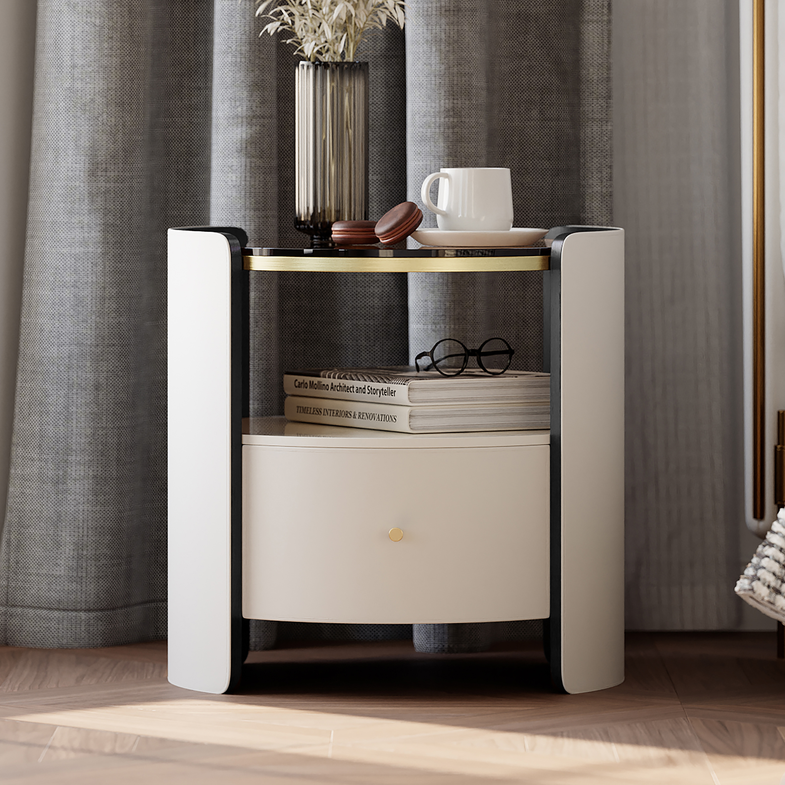 Modern Round White Leather Bedside Table with Glass Top & Sintered Stone Bedside with Shelf