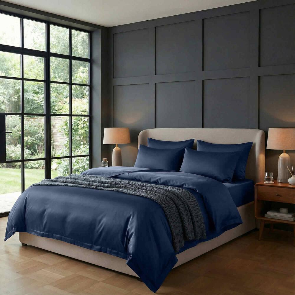 Bedable 100% Cotton Sateen Bedding Bundle 460 Thread Count - Duvet Cover + Fitted Sheet + 4 Pillowcases + Duvet + 4 Pillows in Navy