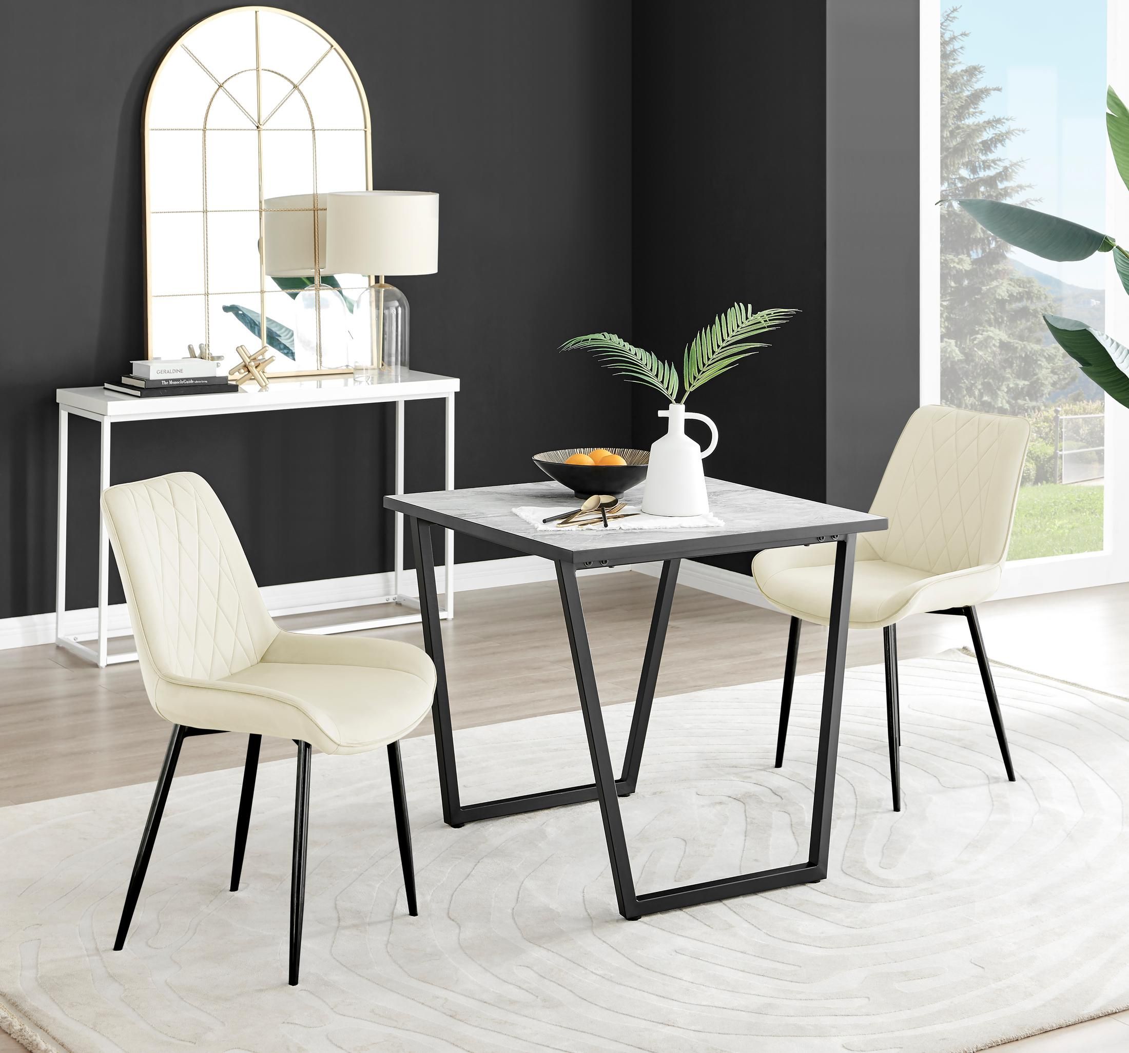 FurnitureboxUK Carson White Marble Effect Square Dining Table & 2 Velvet Pesaro Black Leg Chairs in Cream