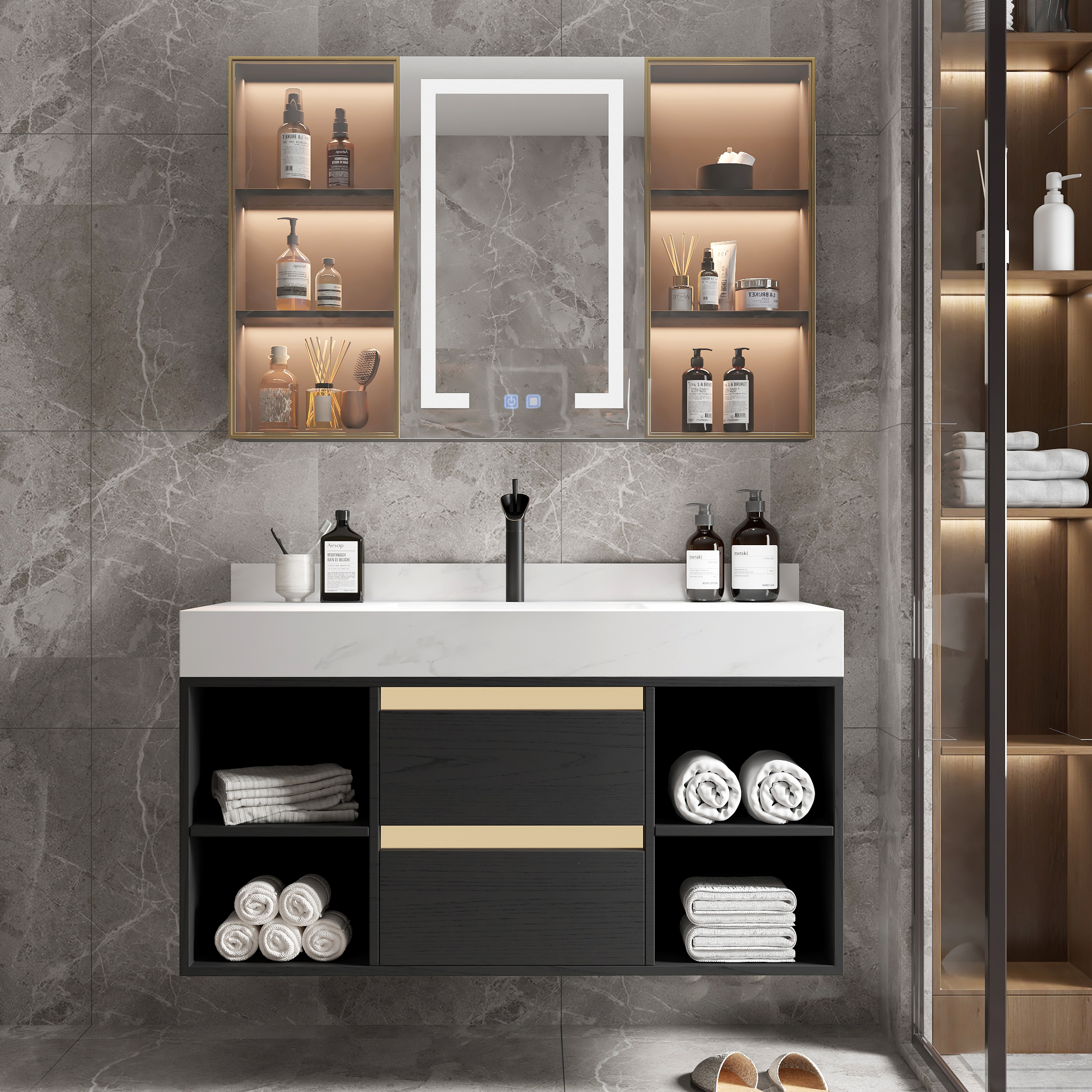 1000mm Floating Ceramic Sink & Open Shelves in Black & Mixer Tap & Bathroom Cabinet Vanity