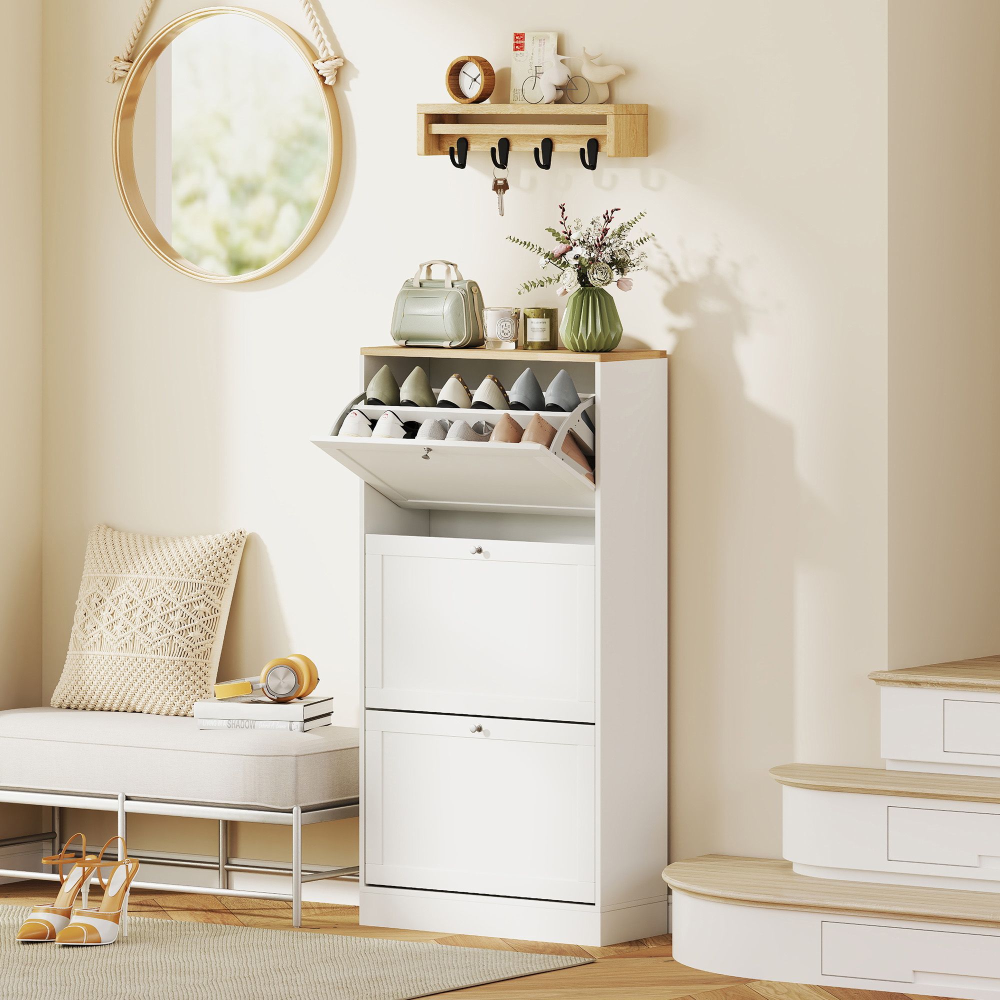 HOMCOM Narrow Shoe Cabinet w/ 3 Flip Drawers for 12-18 Pairs of Shoes White