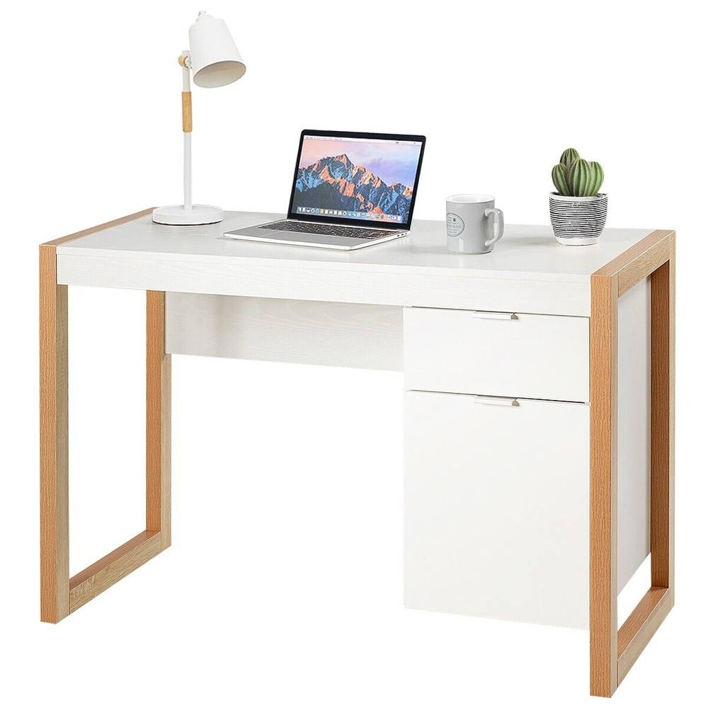 Costway Modern Workstation Desk w/ Storage Cabinet & Drawer Sturdy Structure Home Office in White