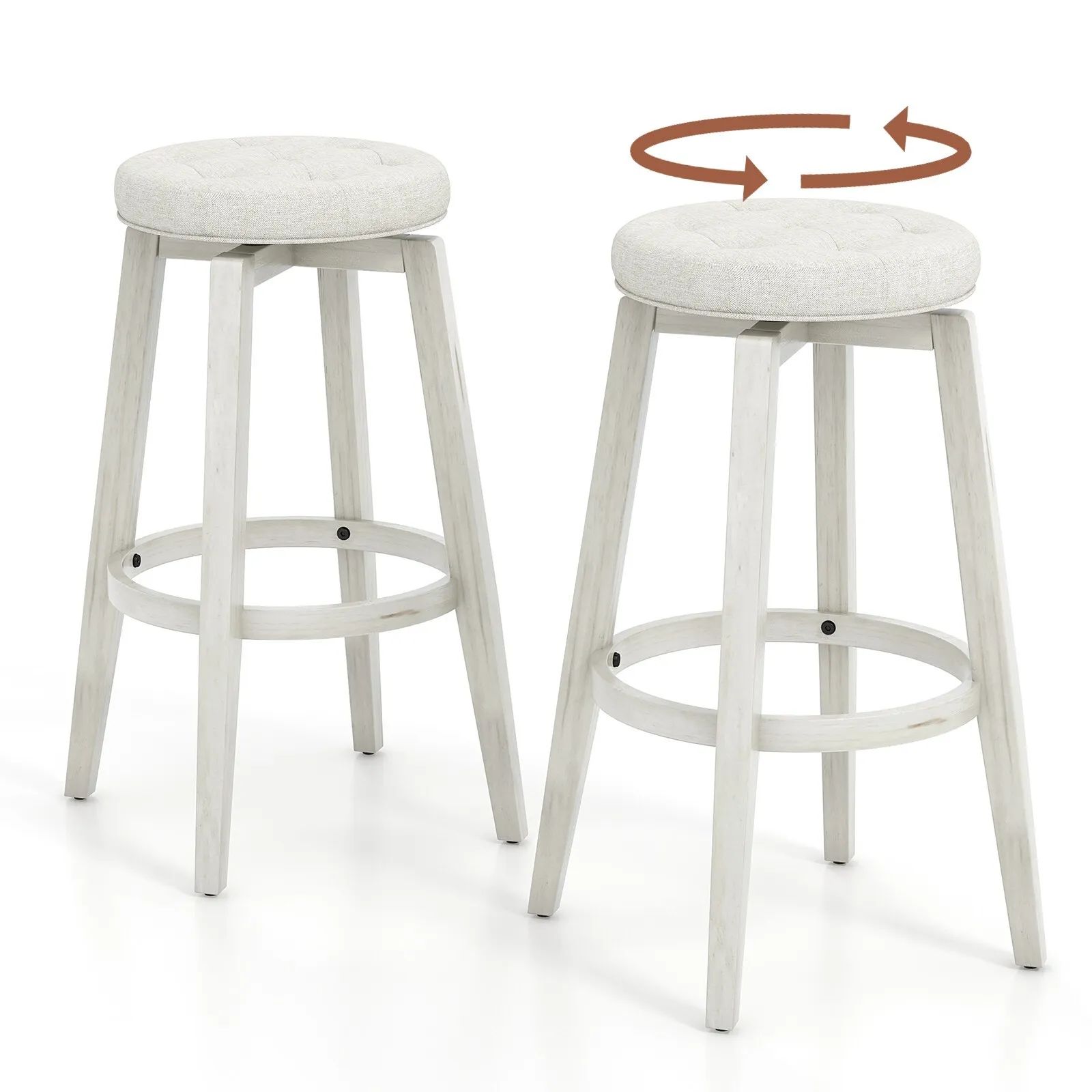 Costway Set of 2 Bar Stools Kitchen Upholstered Chair 360 Swivel Pub Stool 76cm in Beige