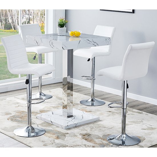 Palmero Gloss Bar Table In Vida Marble Effect With 4 Ripple White Bar Stools