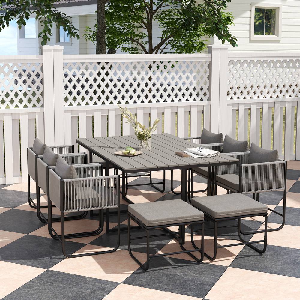 OUTSUNNY Rattan Dining Set, Garden Table & Chair Sets w/ Space-saving Design in Grey