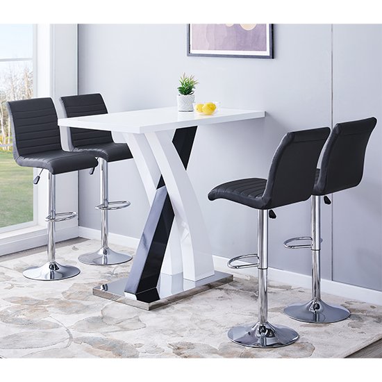 Axara Gloss Bar Table In White Black With 4 Ripple Grey Stools