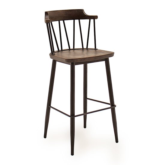 Blake Wooden Bar Chair In Rustic Elm With Black Steel Legs