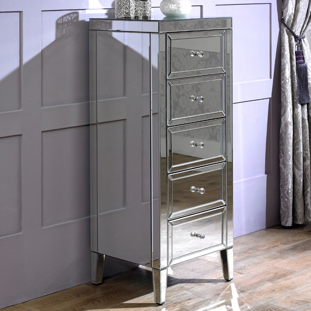 Valencia Mirrored 5 Drawer Narrow Chest