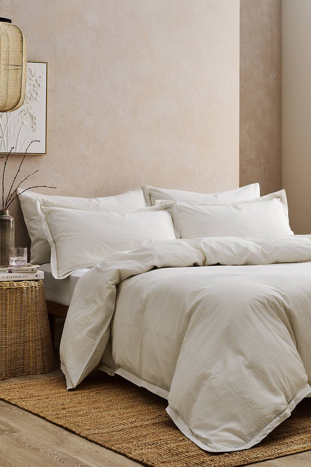 CHRISTY Seersucker Cotton Stripe Oxford Duvet Cover Set in Beige