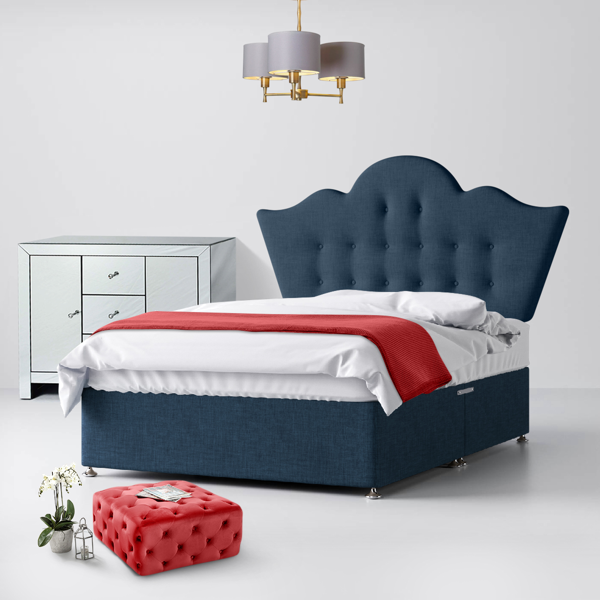 Florence Buttoned Midnight Blue Fabric Ottoman Divan Bed - 4ft Small Double