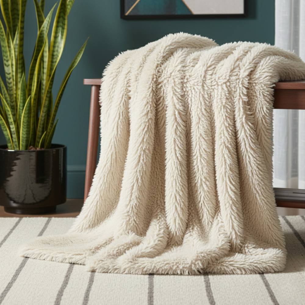 Snug City Cuddly Extra Fluffy Throw Ultra Soft Plush Blanket Sofa Bed Home Decor in Cream