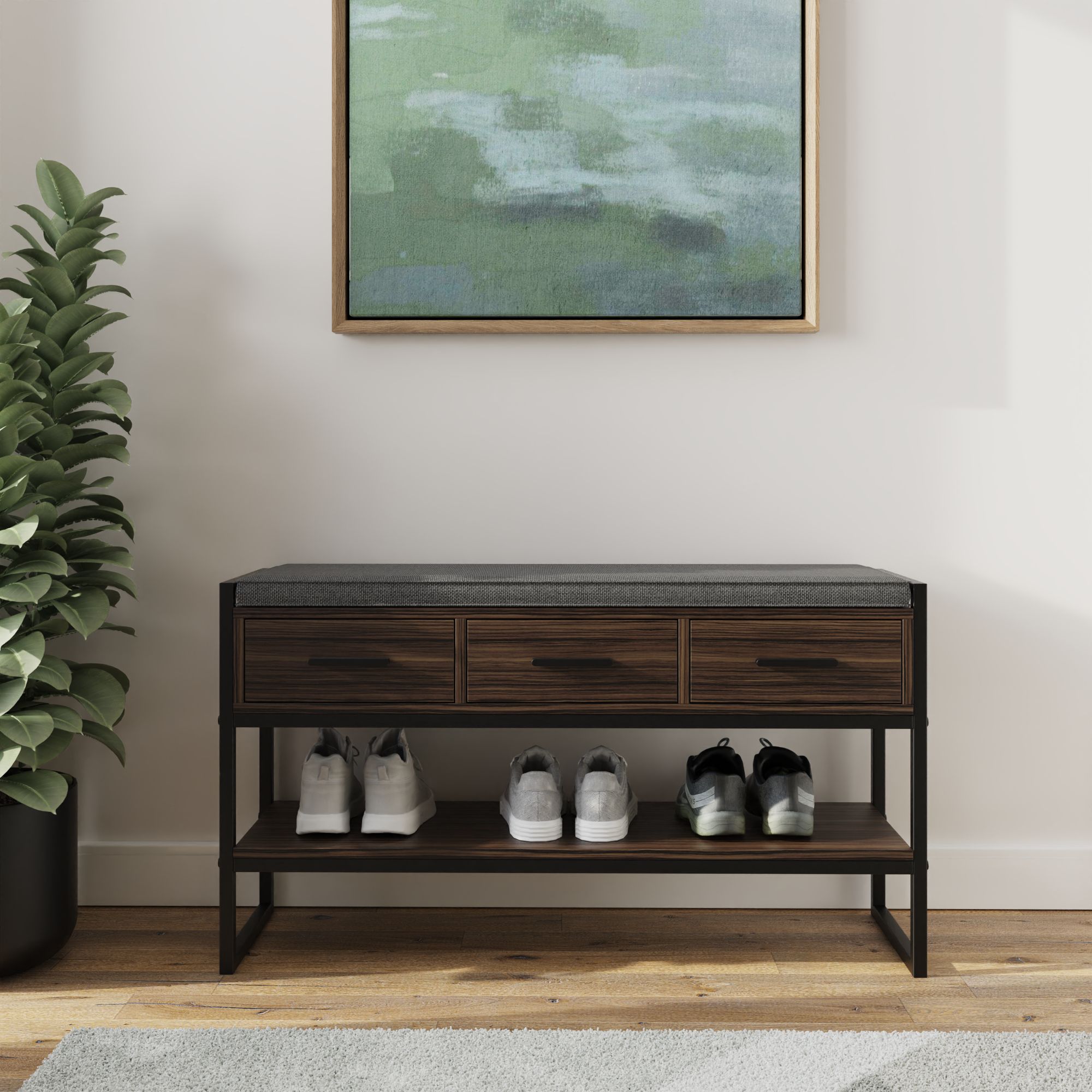 GFW Quinn Industrial Shoe Bench with Storage in Walnut
