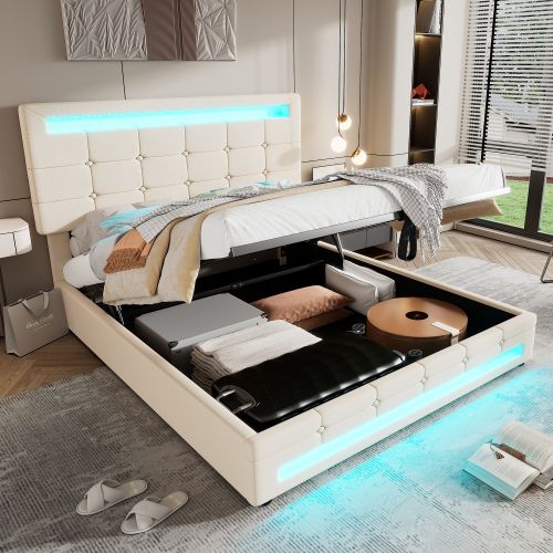 Matteo Upholstered Bed, Hydraulic Bed, Adults Teenagers 4ft6 Double Bed in Beige