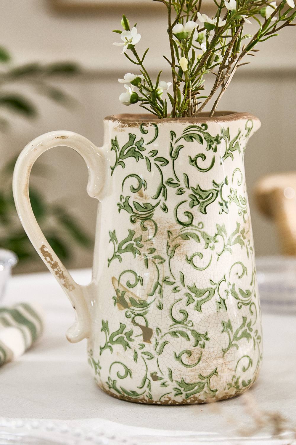 Dibor Set of 2 Luxury Irina Green Botanical Home Decor Pitcher Jug in Cream 2