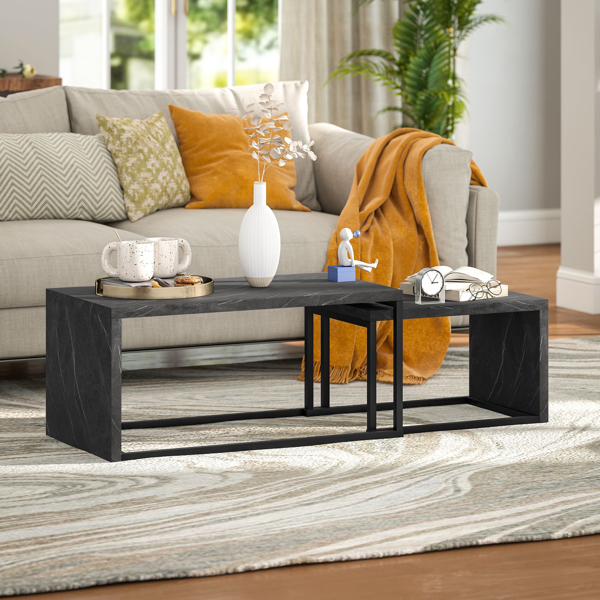HOMCOM Coffee Tables Set of 2, Nest of Tables for Living Room, Dark Grey