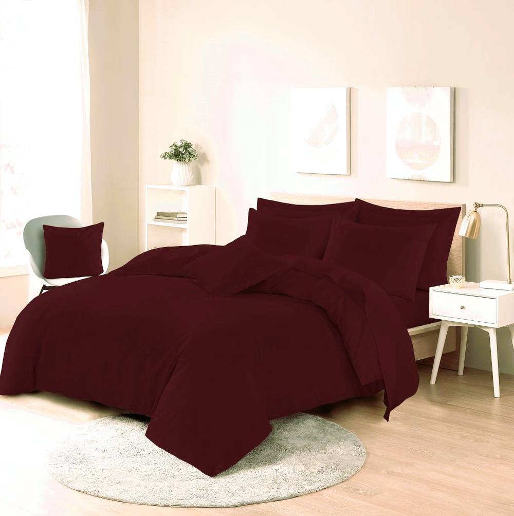 Homes-Linen Plain Dyed Polycotton Duvet Cover Set with Pillowcases in Wine
