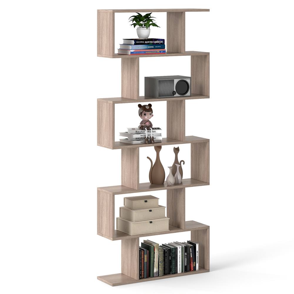 Costway 6-tier Bookcase S-Shaped Bookshelf Wooden Storage Display Rack in Light Oak