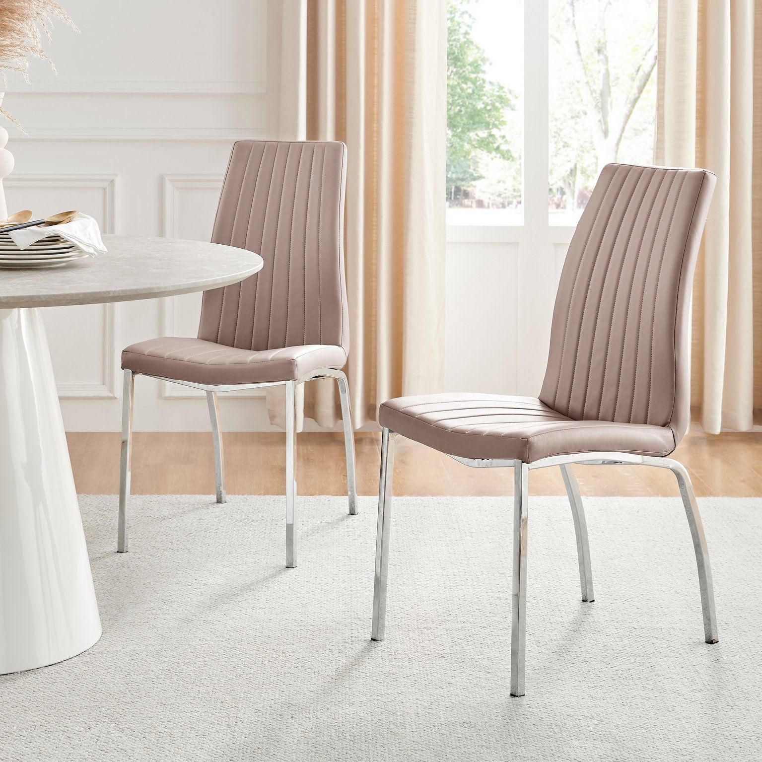 FurnitureboxUK Set of 2 Isco Deep Cushioned Soft Touch Faux Leather Dining Chairs With Silver Chrome Metal Legs in Beige