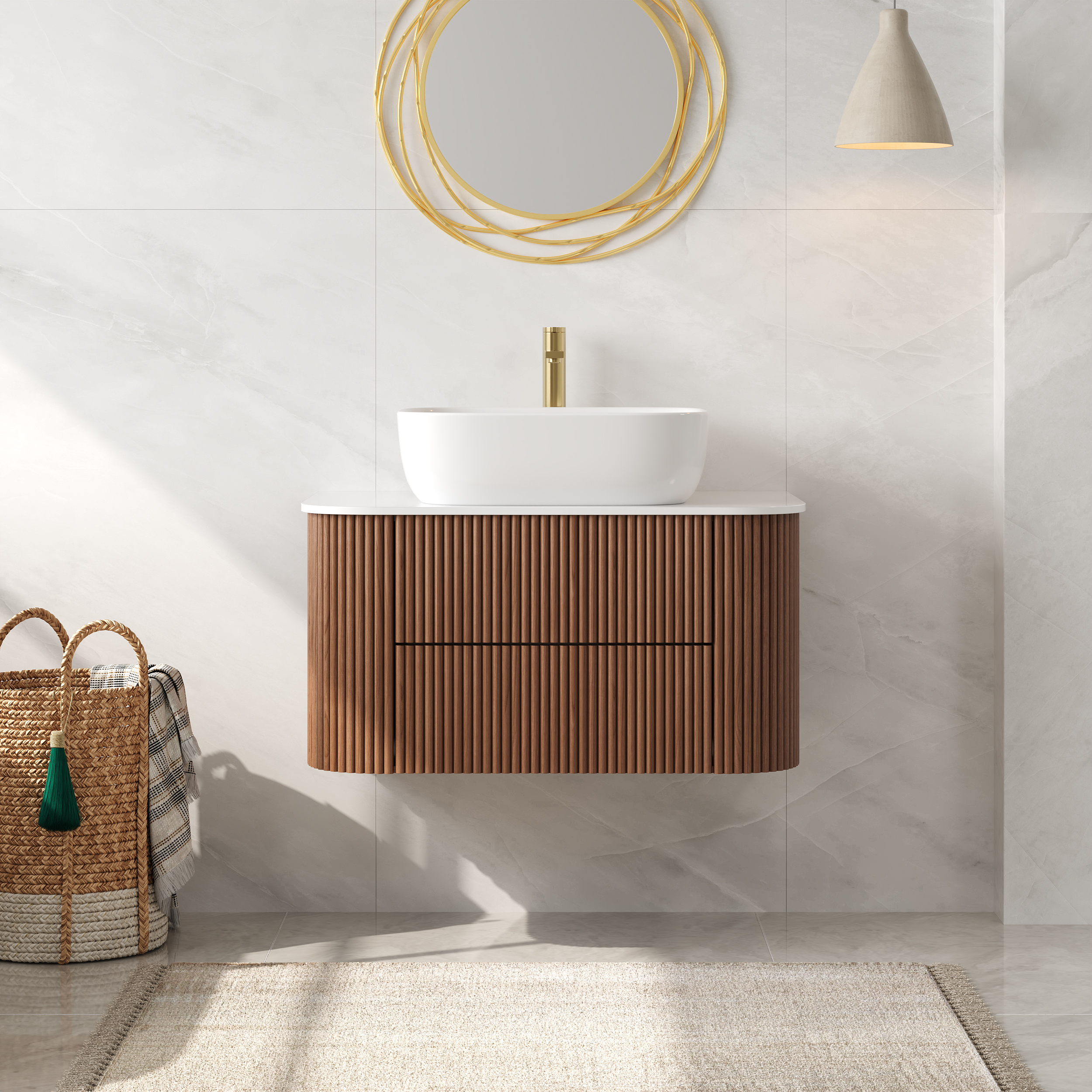 800mm Floating Fluted Wall mounted Bathroom Vanity Set Sintered Stone Top with Vessel Single Basin & 2 Drawers