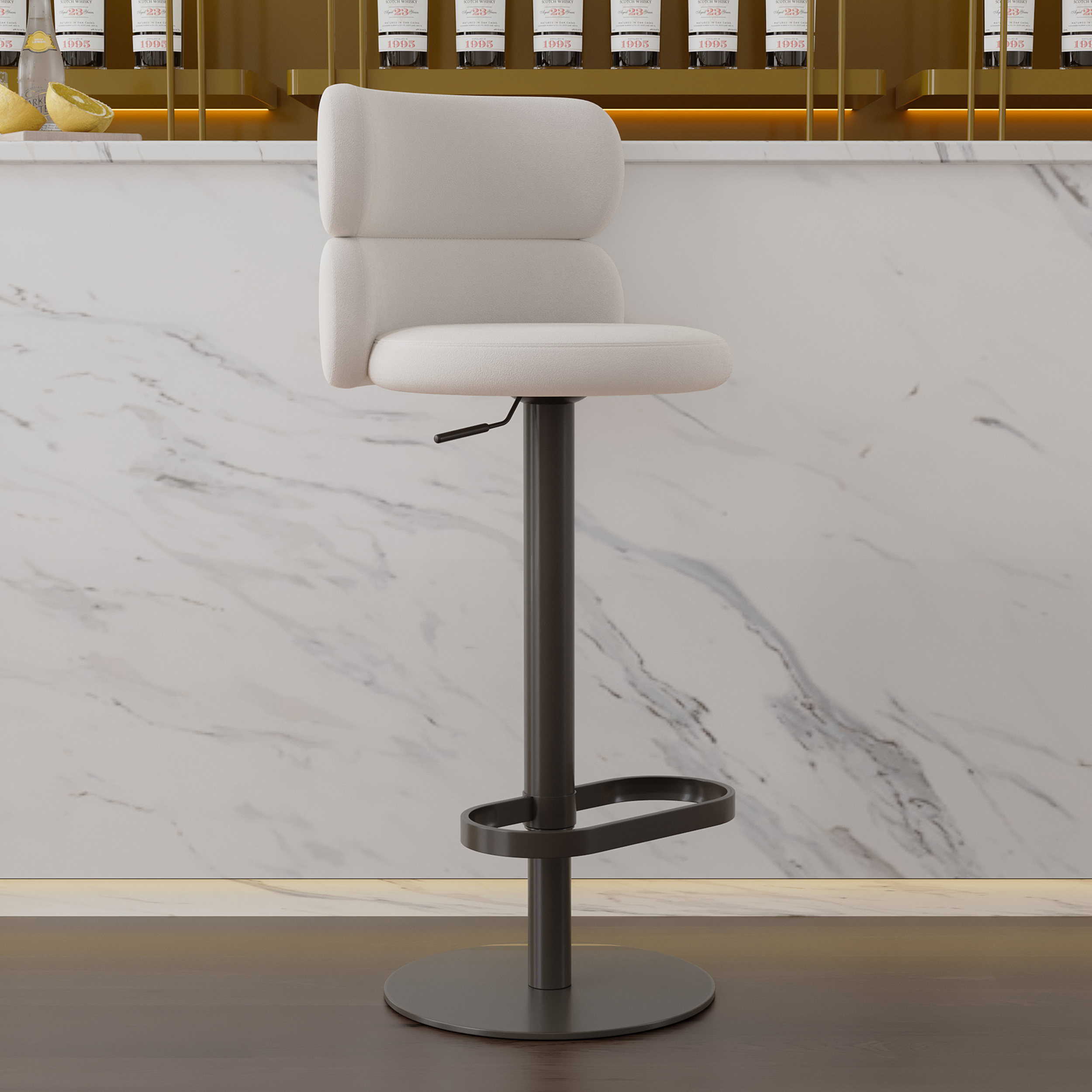 Bar Stool Velvet Upholstery Swivel Warm White with Backrest Adjustable Height in Black Finish Counter Stool