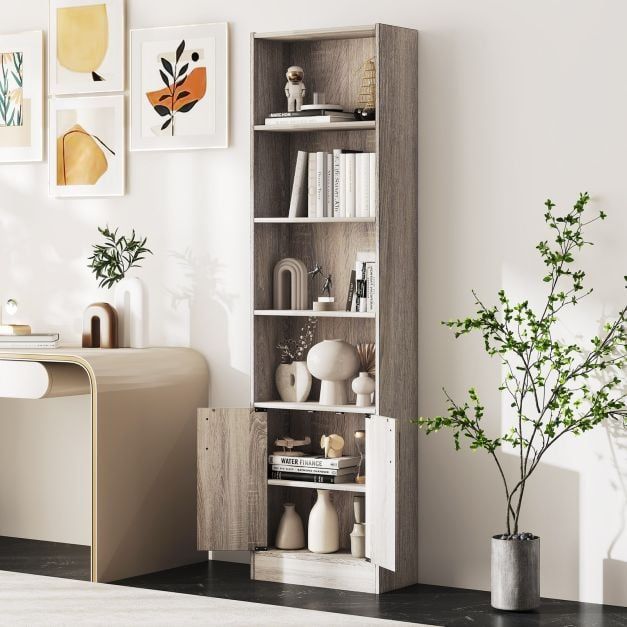 Costway 6-Tier Bookshelf 180cm Tall Bookcase w/4 Open Cubes & Double Doors Grey