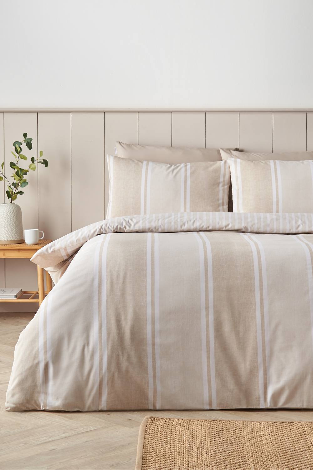 Catherine Lansfield 'Banded Stripe' Reversible Duvet Cover Set in Natural