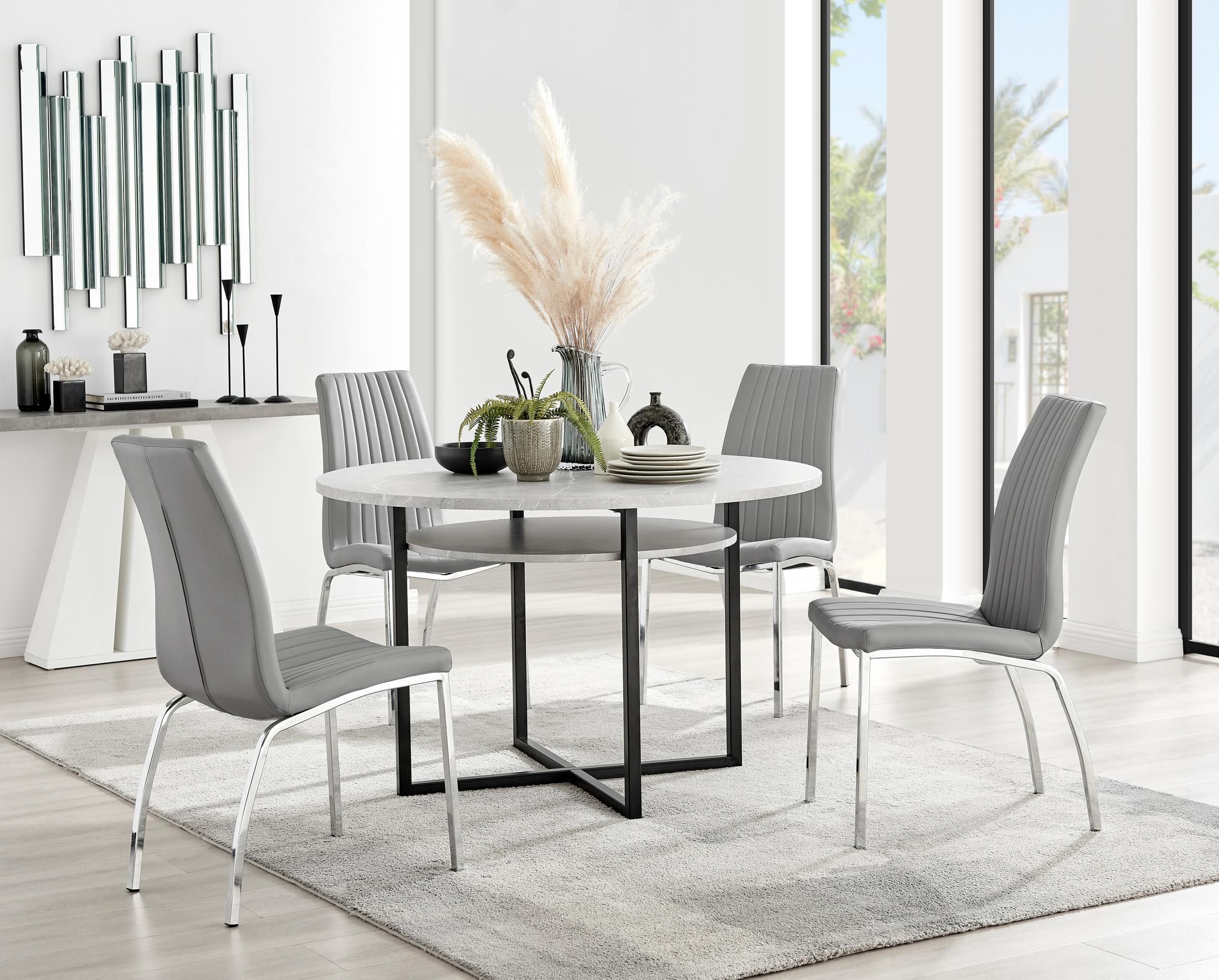 FurnitureboxUK Adley Grey Concrete Effect Round Dining Table & 4 Isco Faux Leather Chairs