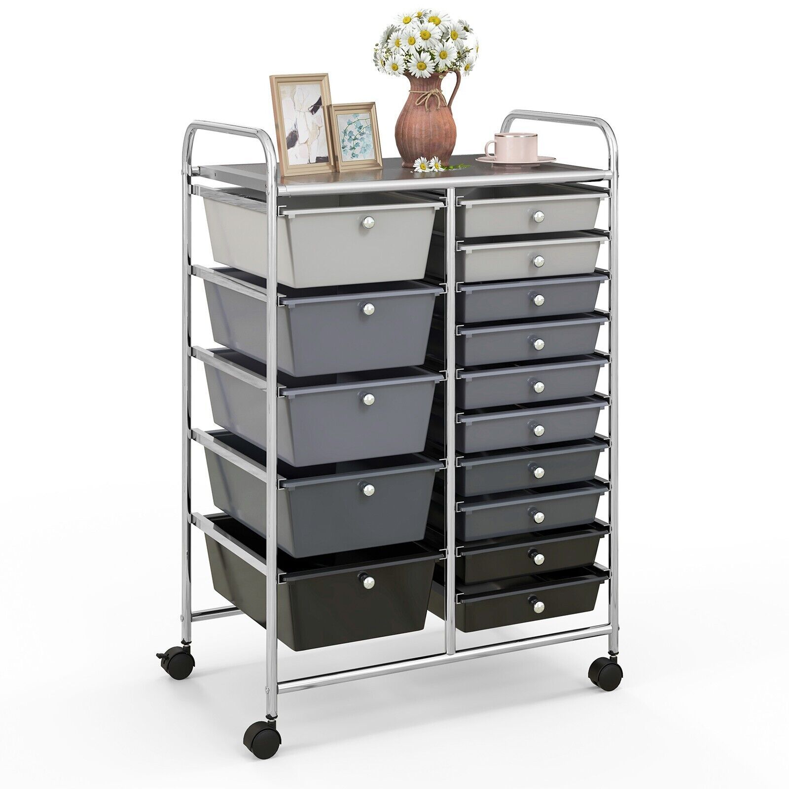 Costway 15 Drawer Rolling Storage Cart Tools Scrapbook Paper Organizer Lightweight in Grey