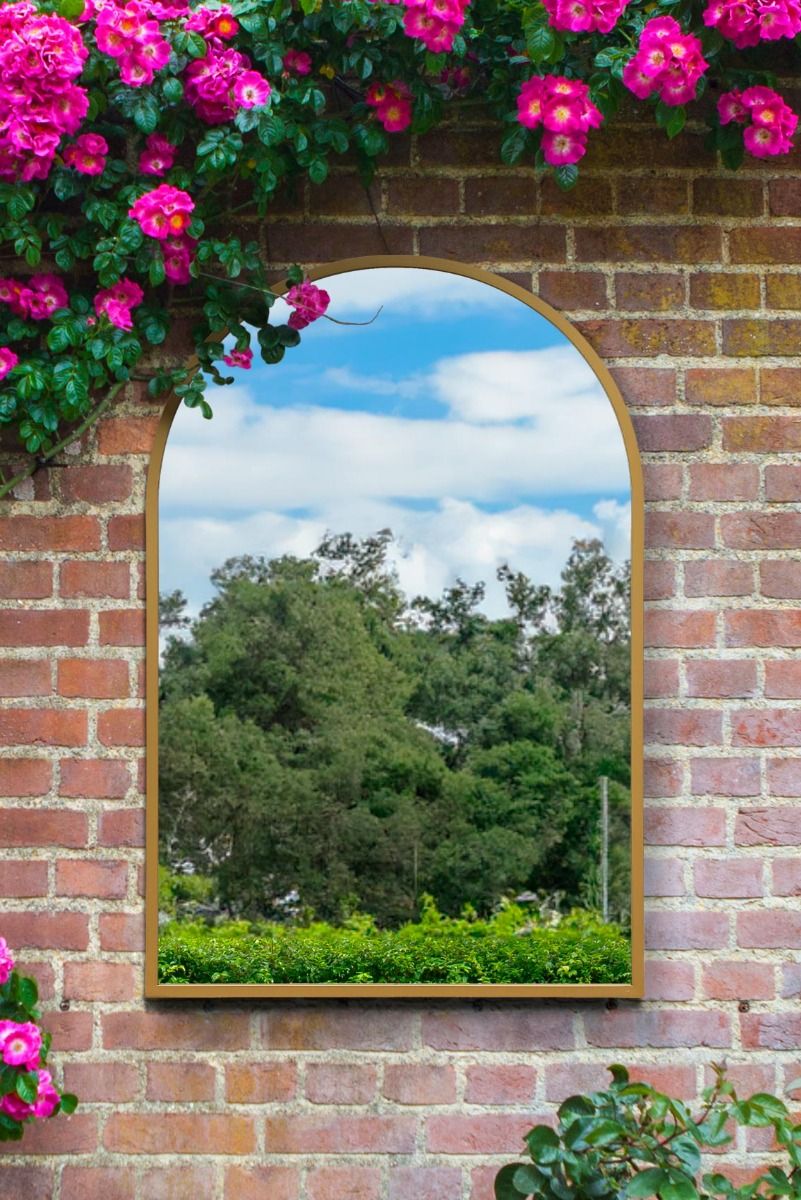 MirrorOutlet Gold Metal Framed Arched Garden Wall Mirror 47" X 31" (120 X 80CM)