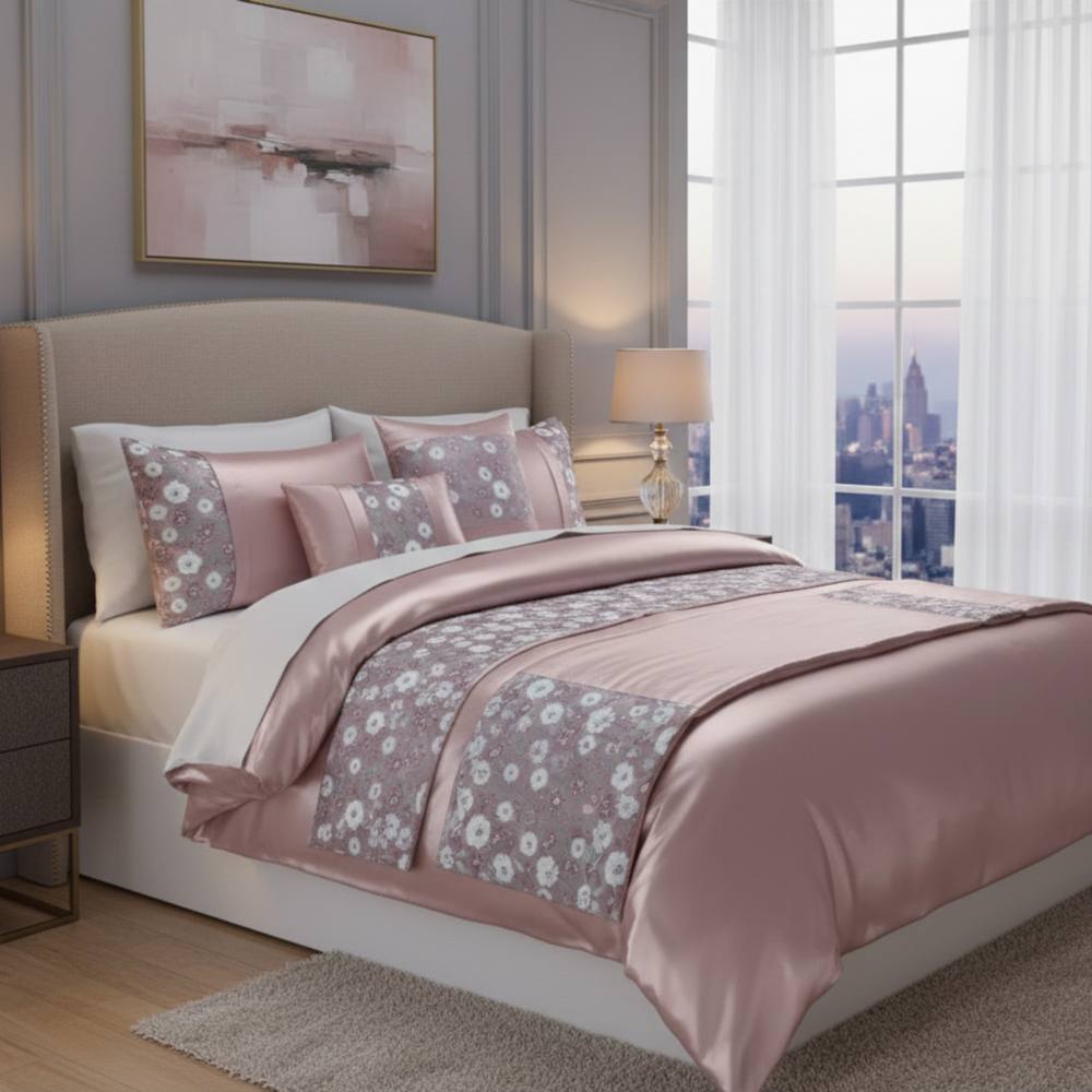 Snug City Embroidery Duvet Cover Set Luxury Bedding with Matching Pillowcases in Pink