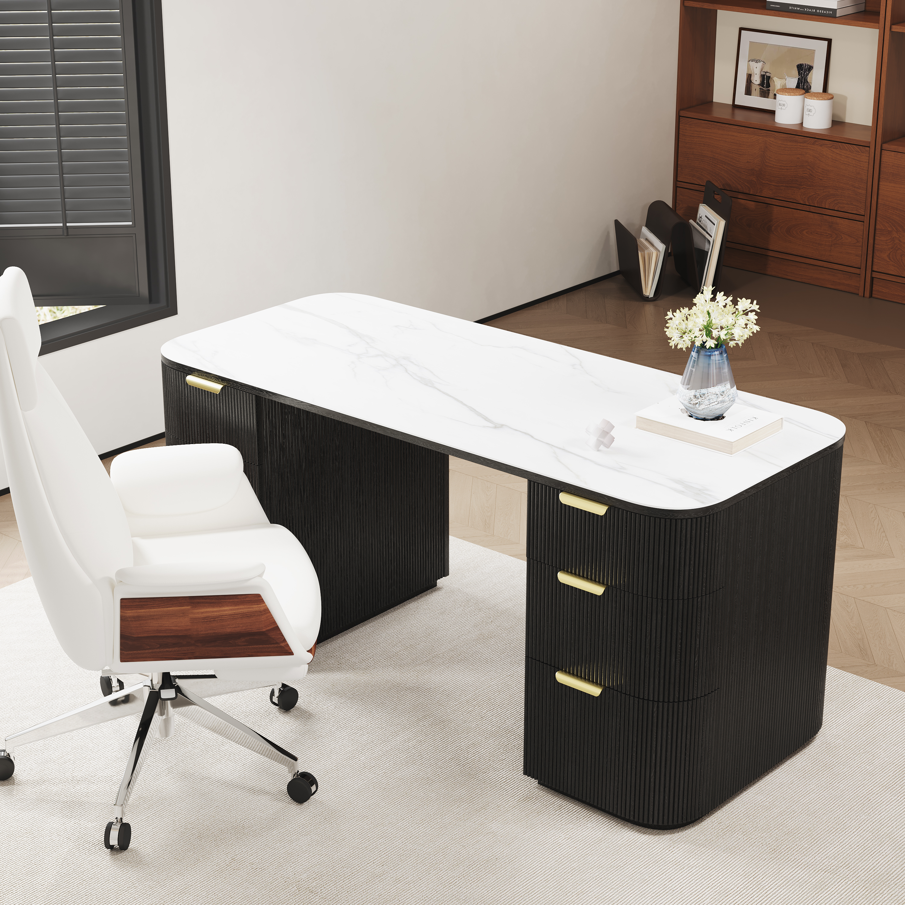 Modern Black Wood Rectangular Desk & Reclining Leather Office Desk Chair (63.8")