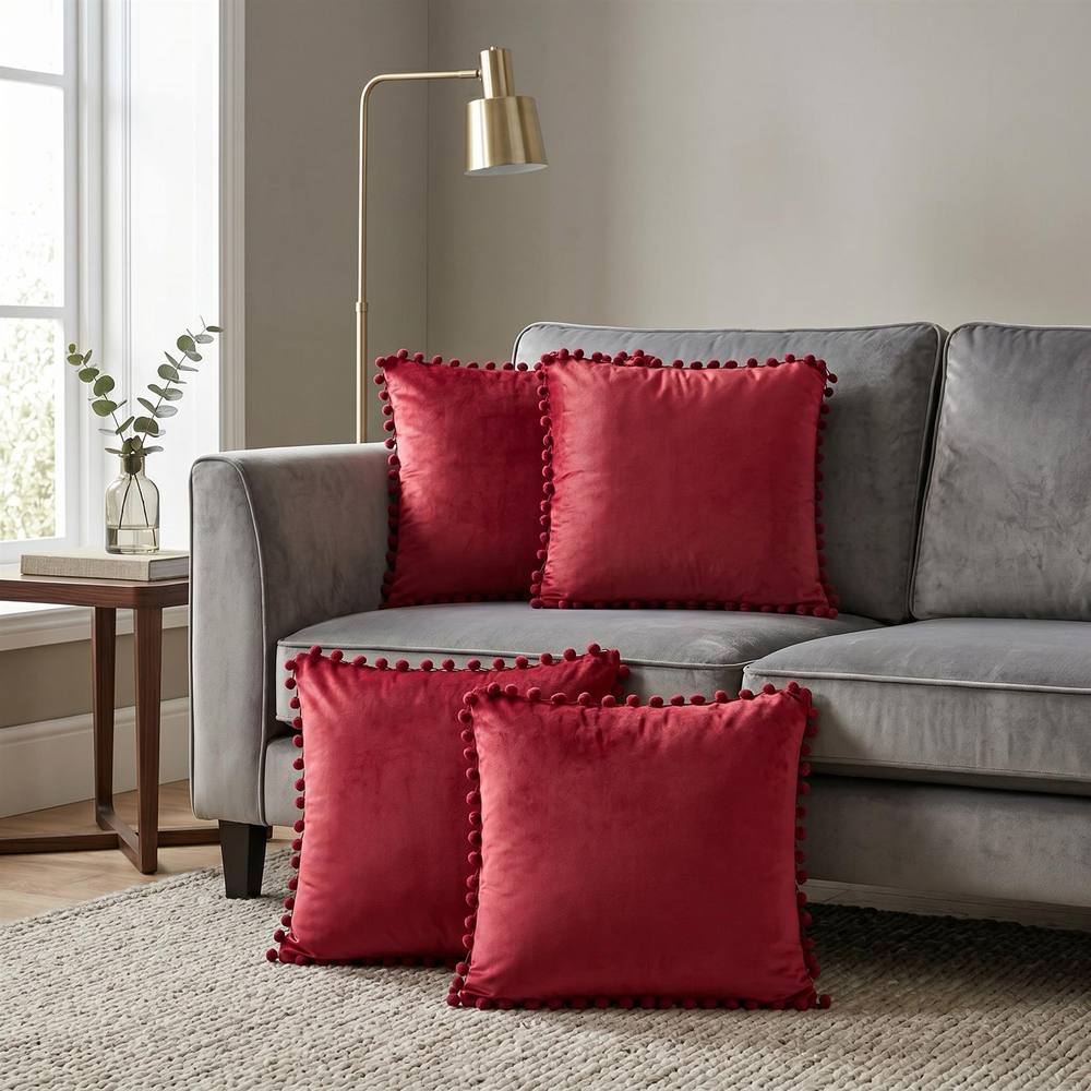 Luxury Living Set of 4 Velvet Cushions with Pom Trim with pads in Burgundy