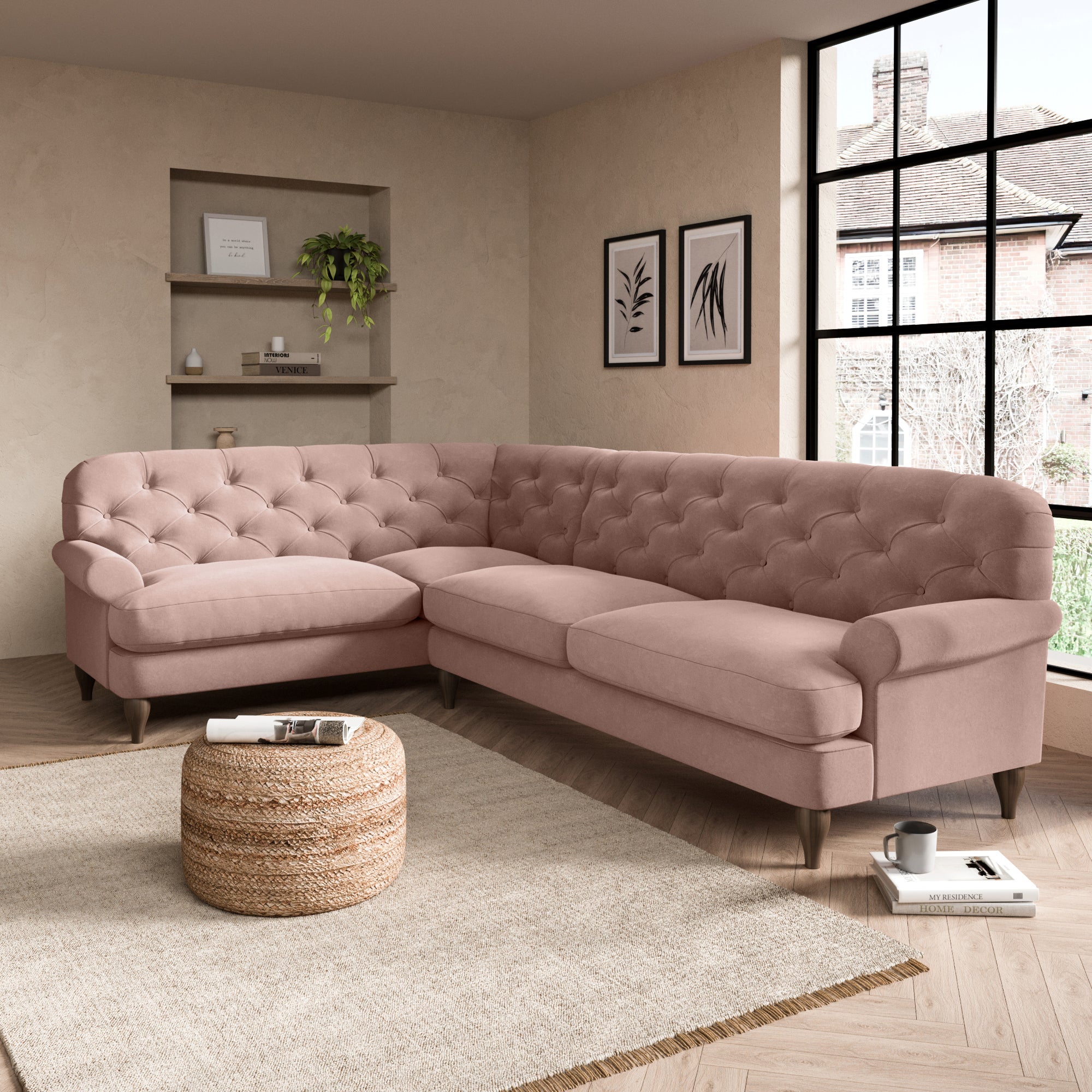 Canterbury Luxury Velvet Left Hand Corner Sofa Luxury Velvet Peach Blush