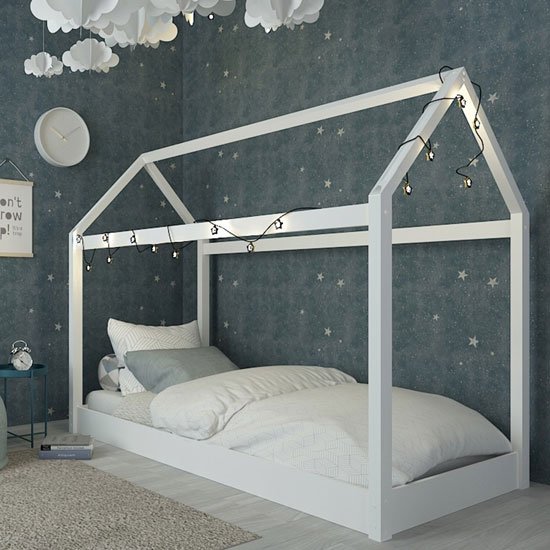 Hickory Wooden Single House Bed In White