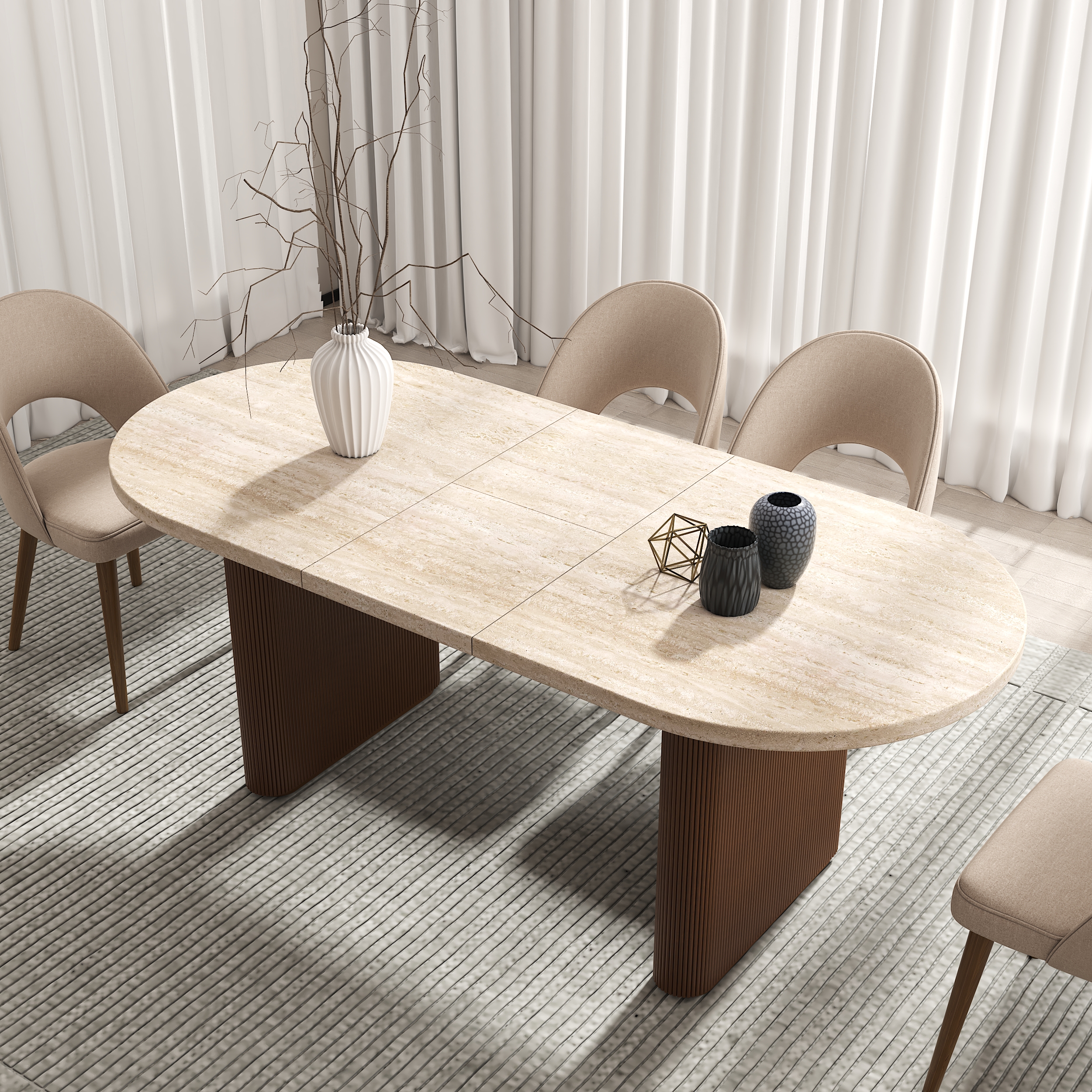 Fluve 160 - 200 cm Oval Extendable Matt Travertine Dining Table Butterfly Leaf 6-10 Seater