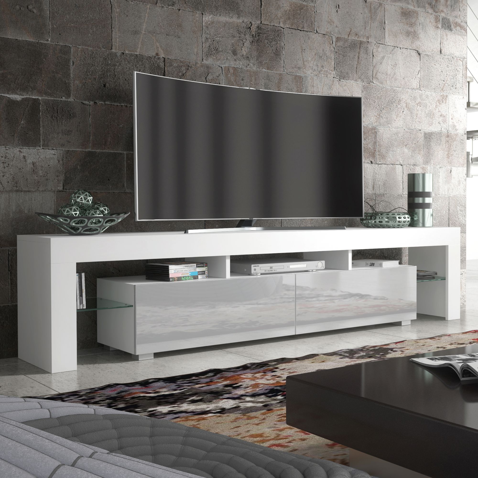 Creative Furniture TV Unit 200cm Modern - White with High Gloss Grey Doors