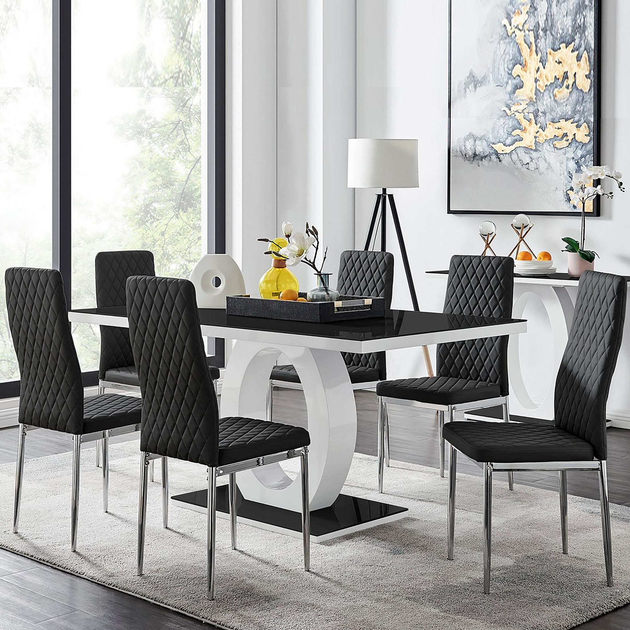FurnitureboxUK Giovani Rectangular 6 Seat White High Gloss Unique Halo Dining Table Black Glass Top 6 Faux Leather Silver Leg Milan Chairs